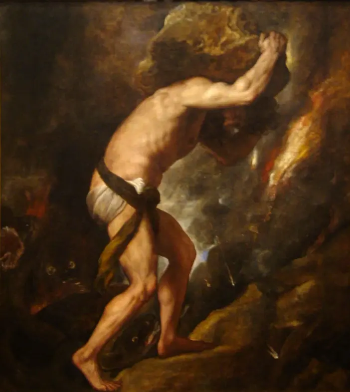 Sisyphus, muskulös und gebeugt, wälzt einen riesigen Felsblock den Hang hinauf; Gemälde von Tizian.