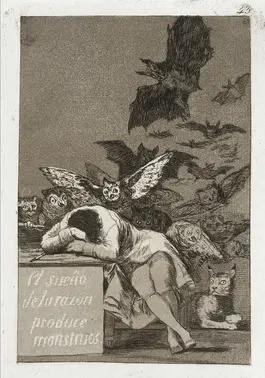 Acquaforte di Goya "Il sonno della ragione genera mostri": un uomo addormentato sullo scrittoio mentre gufi e pipistrelli si levano alle sue spalle.